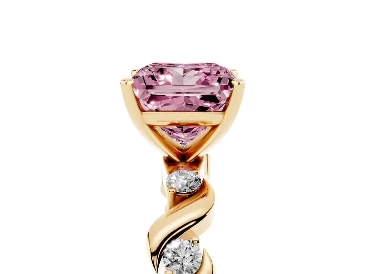Fancy Pink Princess Cut Diamond Solitaire Twisted Band with Round Accents and Prong Setting Yellow gold