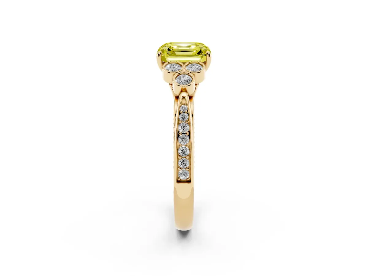 Fancy Yellow Asscher Cut Cut Diamond Engagement Ring with Bezel Set Round Side Stones and Prong Setting Yellow gold