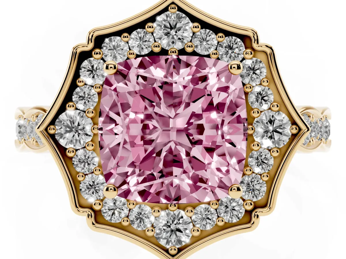 Fancy Pink Cushion Cut Halo Diamond Engagement Ring with Milgrain Band and Four-Prong Setting Yellow gold