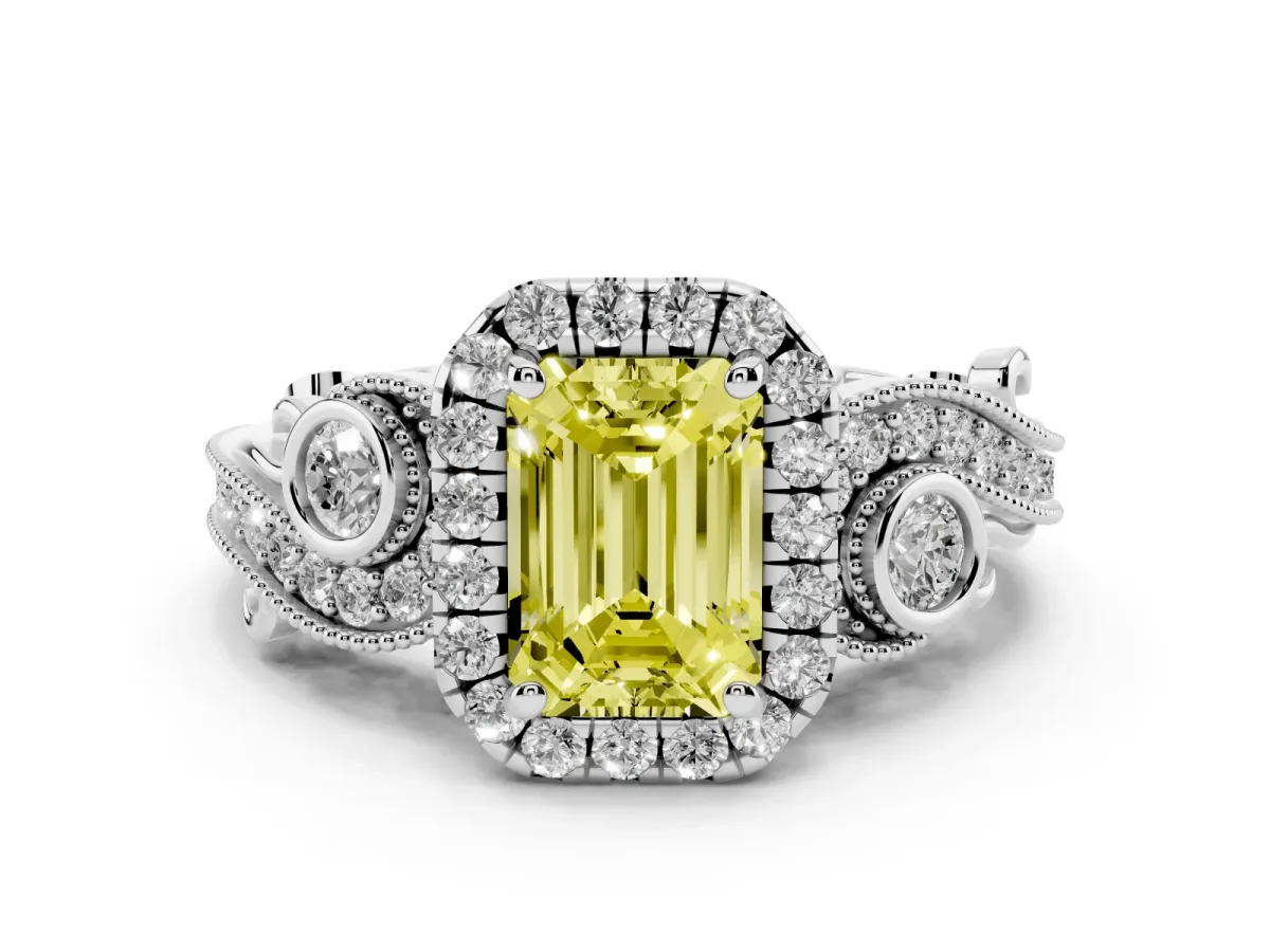 Fancy Yellow Emerald Cut Halo Diamond Ring with Milgrain and Bezel Accents on a Split Shank Band Platinum