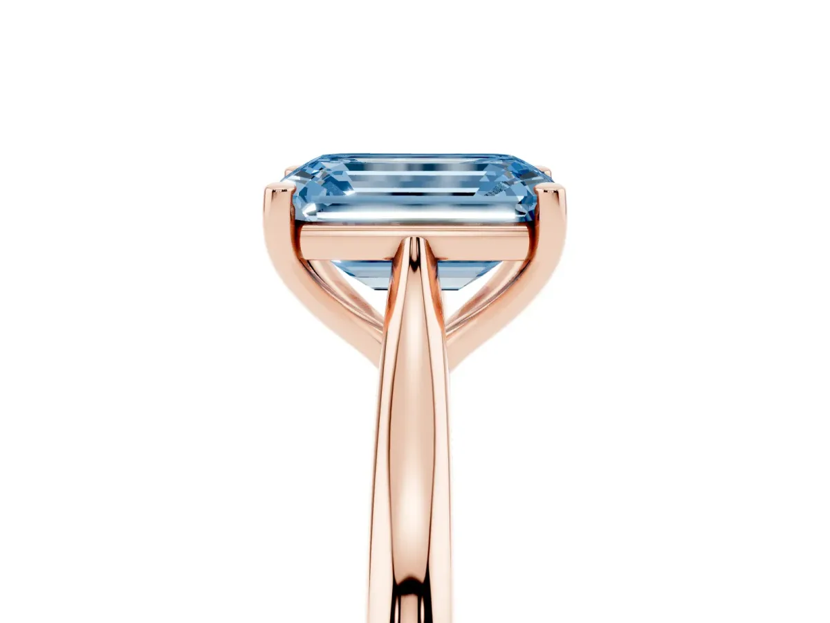 Fancy Blue Emerald Cut Cut Solitaire Ring with Cathedral Band and Four-Prong Setting Rose gold