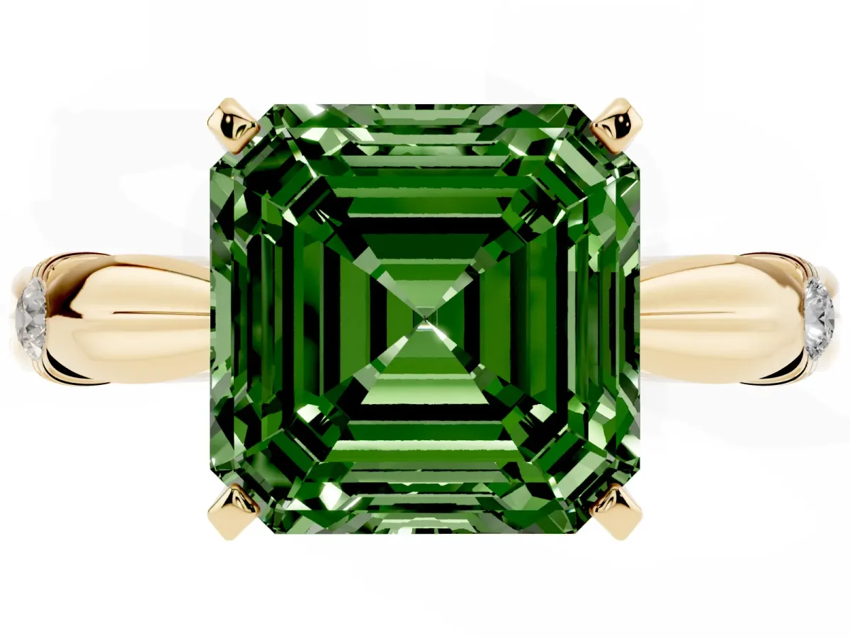Fancy Green Asscher Cut Solitaire Diamond Twisted Band with Four-Prong Setting Yellow gold