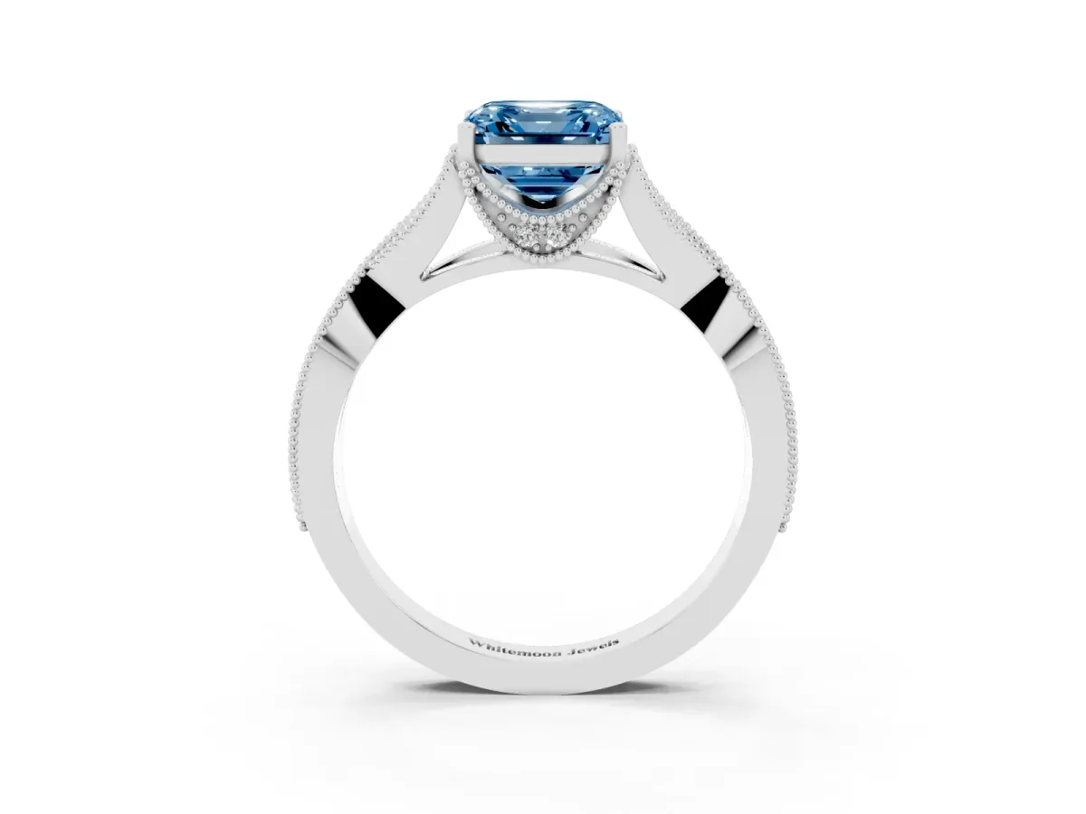 Fancy Blue Asscher Cut Cut Diamond Twisted Band with Milgrain Pave Setting and Four-Prong Setting Silver