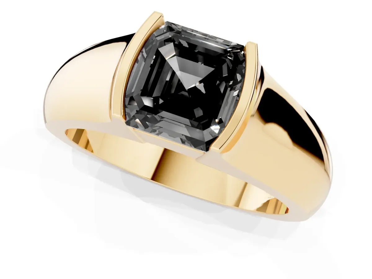 Fancy Black Asscher Cut Solitaire Bezel Set Diamond Ring with Wide Band Yellow gold