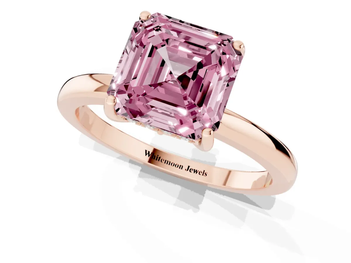 Fancy Pink Asscher Cut Solitaire Diamond Ring with Prong Setting and Plain Band Rose gold