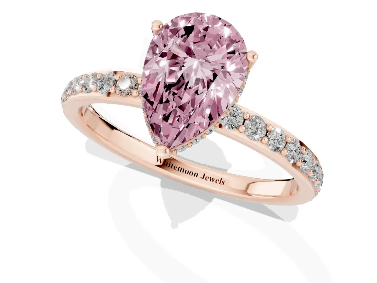 Fancy Pink Pear Cut Diamond Solitaire Ring with Pavé Band and Hidden Halo Rose gold