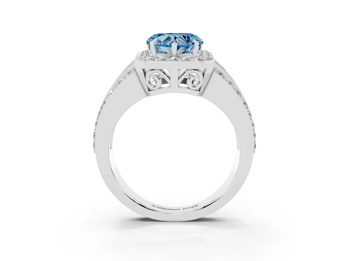 Fancy Blue Heart Cut Halo Diamond Ring with Round Split Shank and Prong Setting Silver