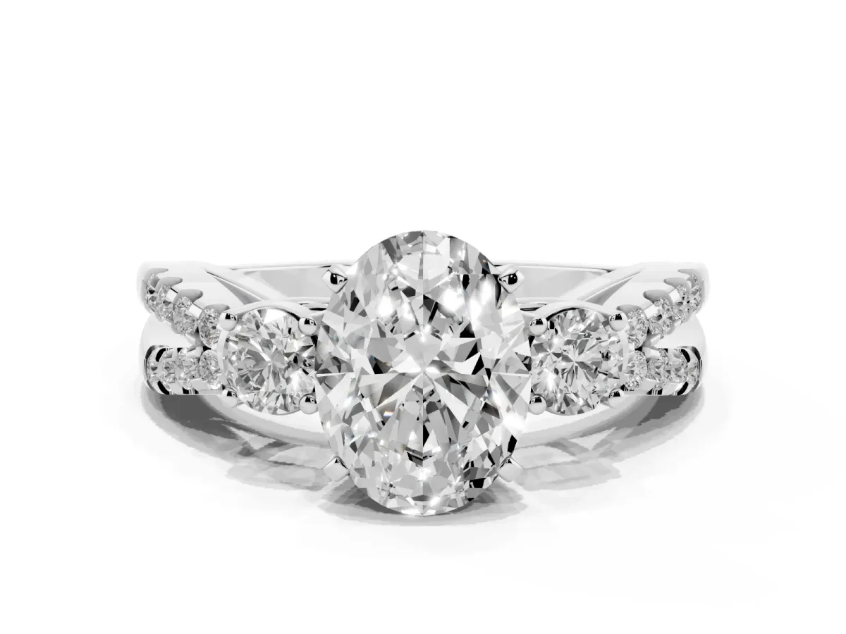 Oval Cut Diamond Three-Stone Ring with Pavé Split Shank and Four-Prong Setting Platinum