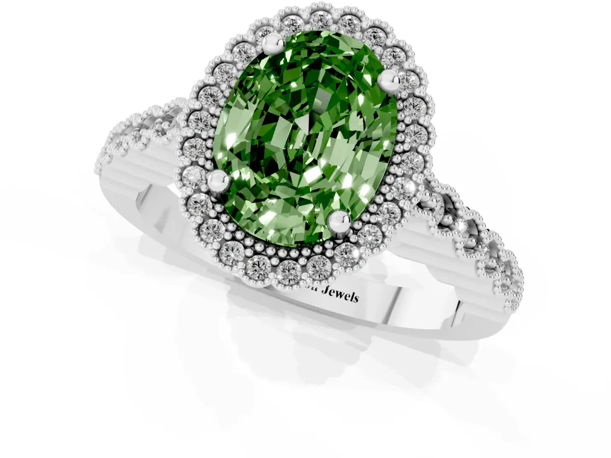 Fancy Green Oval Cut Cut Halo Pavé Solitaire Ring with Milgrain Band Silver