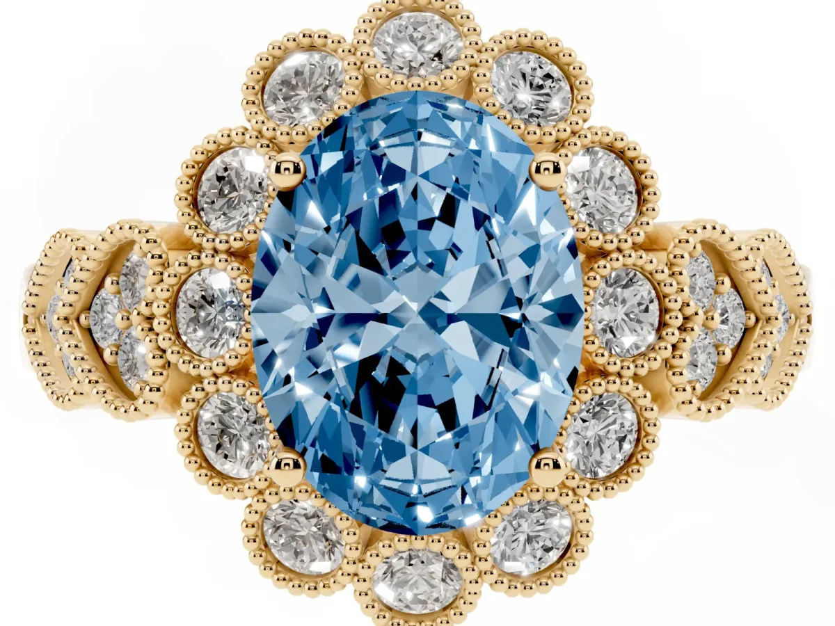 Fancy Blue Oval Cut Brilliant Milgrain Pave Heart Band Solitaire Ring Yellow gold