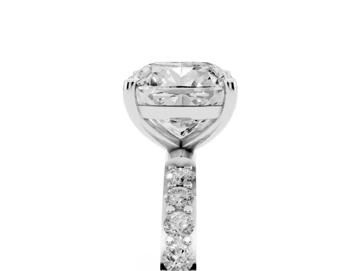 Cushion Cut Diamond Solitaire Ring with Round Pavé Shoulders and Prong Setting Platinum
