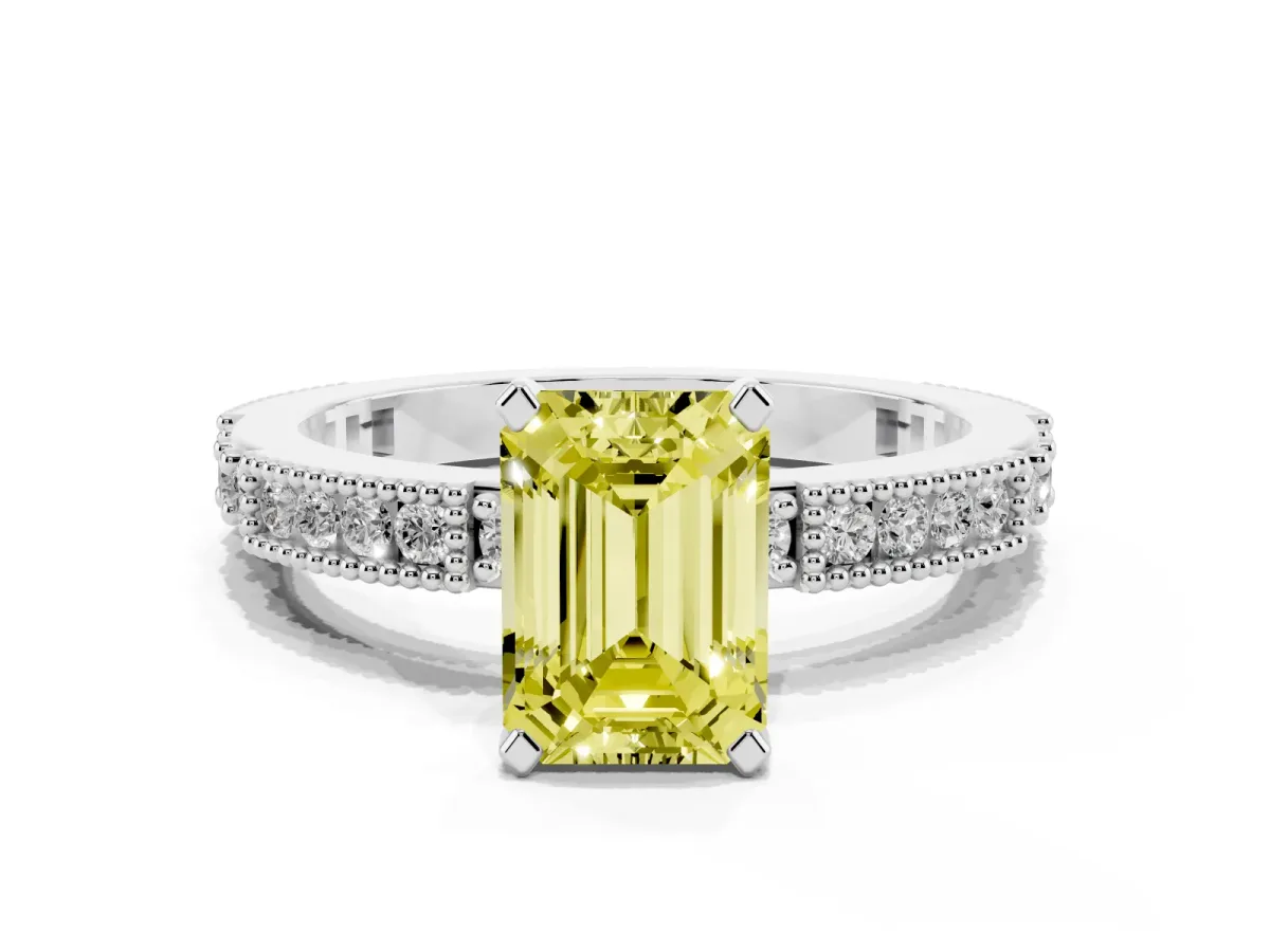 Fancy Yellow Emerald Cut Solitaire with Pavé Band and Four-Prong Setting Silver