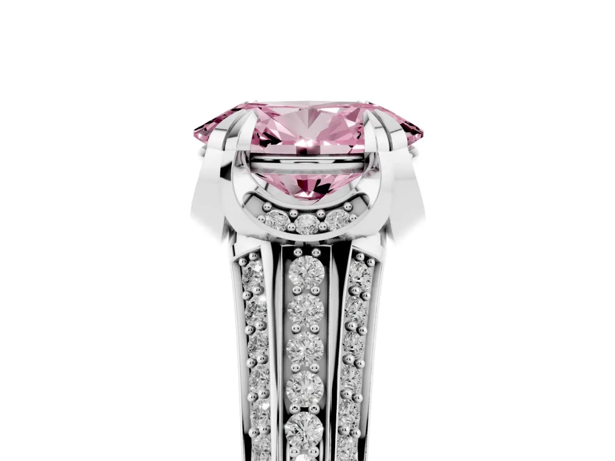 Fancy Pink Oval Cut Solitaire Pave Split Shank Ring with Four-Prong Setting Platinum
