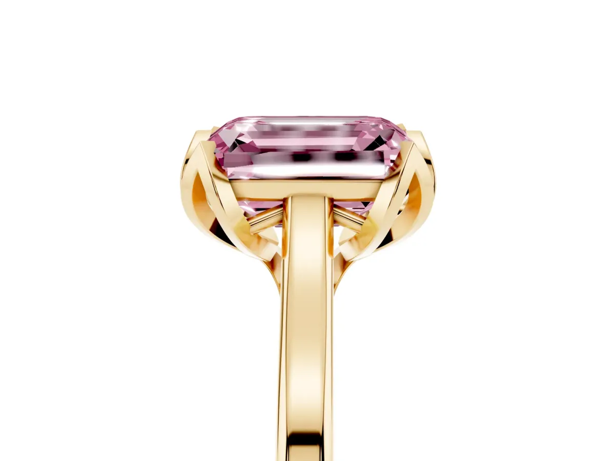 Fancy Pink Emerald Cut Diamond Solitaire Ring with Flower Prong Setting and Classic Band Yellow gold