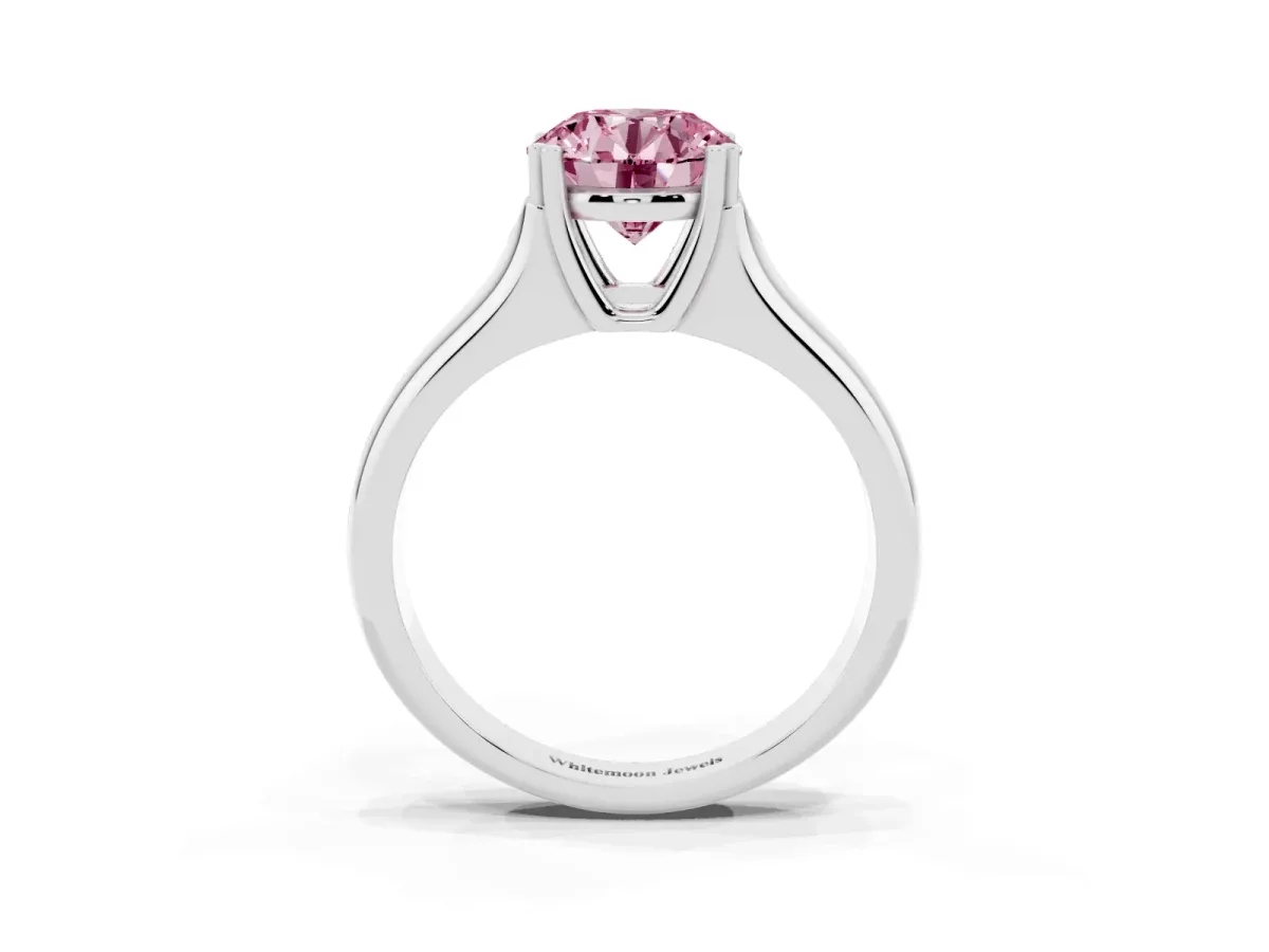 Fancy Pink Round Cut Diamond Solitaire Ring with Wide Band and Prong Setting Silver