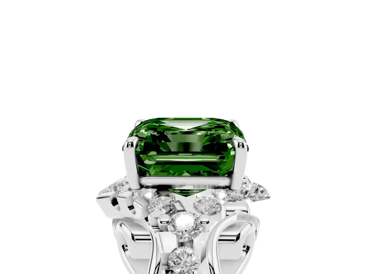 Fancy Green Asscher Cut Diamond Solitaire Ring with Hidden Halo and Pavé Band White gold