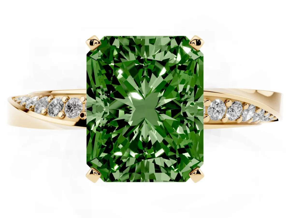 Fancy Green Radiant Cut Diamond Engagement Ring with Side Stone Accents and Four-Prong Setting Yellow gold
