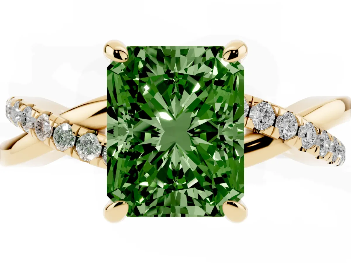 Fancy Green Radiant Cut Cut Diamond Twist Band Solitaire with Prong Setting Yellow gold