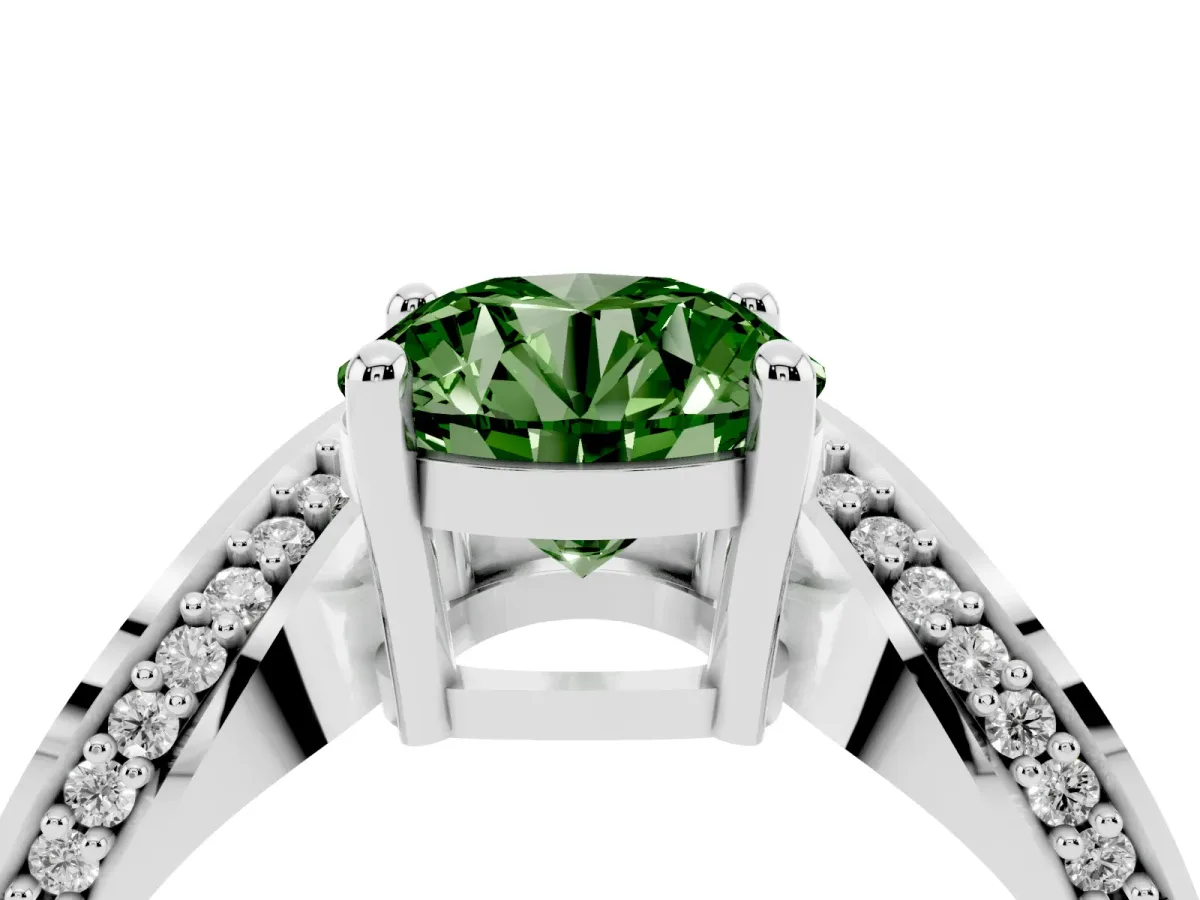 Fancy Green Round Cut Solitaire Diamond Engagement Ring with Pave Band and Four-Prong Setting White gold