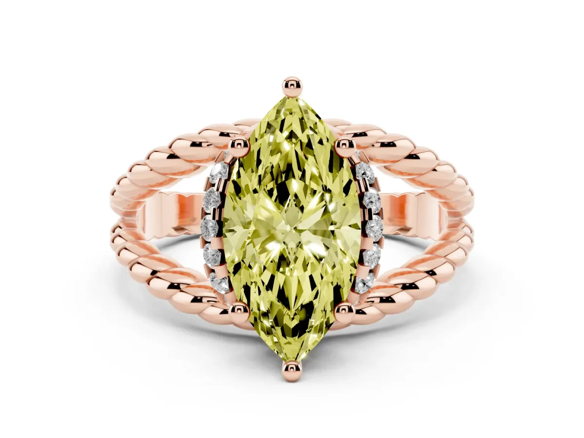 Fancy Yellow Marquise Cut Halo Twisted Band Four-Prong Ring Rose gold