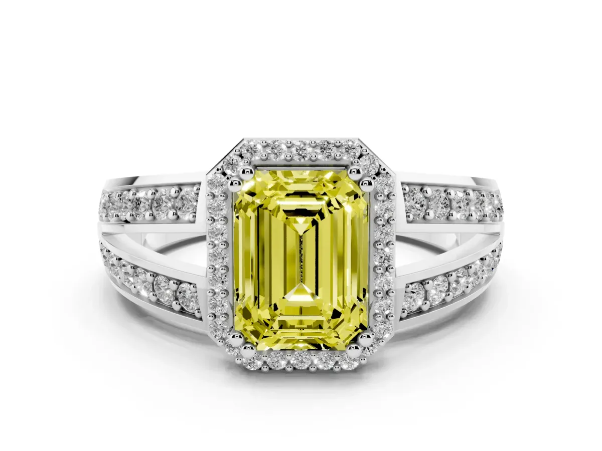 Fancy Yellow Emerald Cut Diamond Halo Ring with Split Shank Pavé Band and Four-Prong Setting White gold