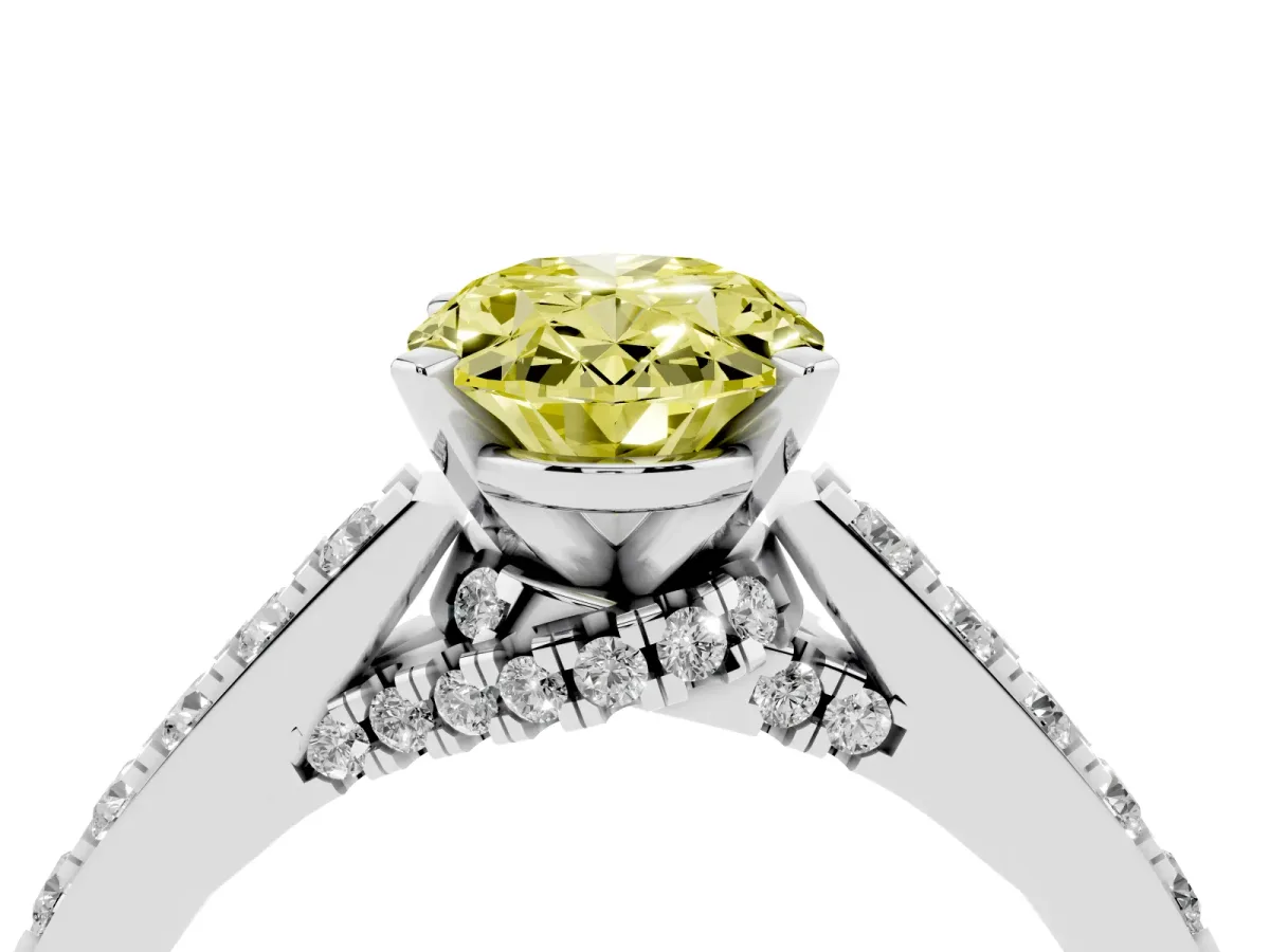 Fancy Yellow Oval Cut Diamond Solitaire Ring with Crossover Gallery and Round Pavé Band Silver