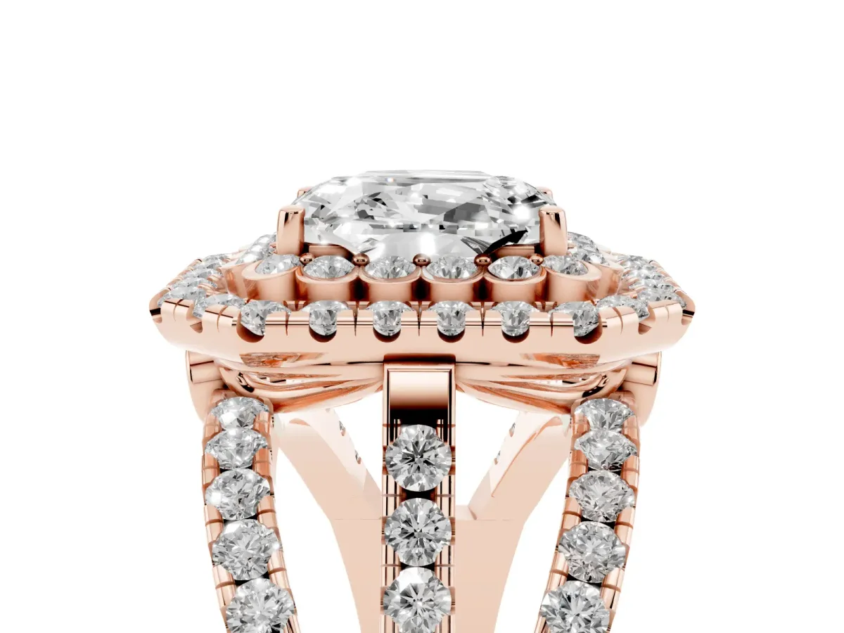 Emerald Cut Diamond Double Halo Ring with Round Pavé Split Shank and Prong Setting Rose gold