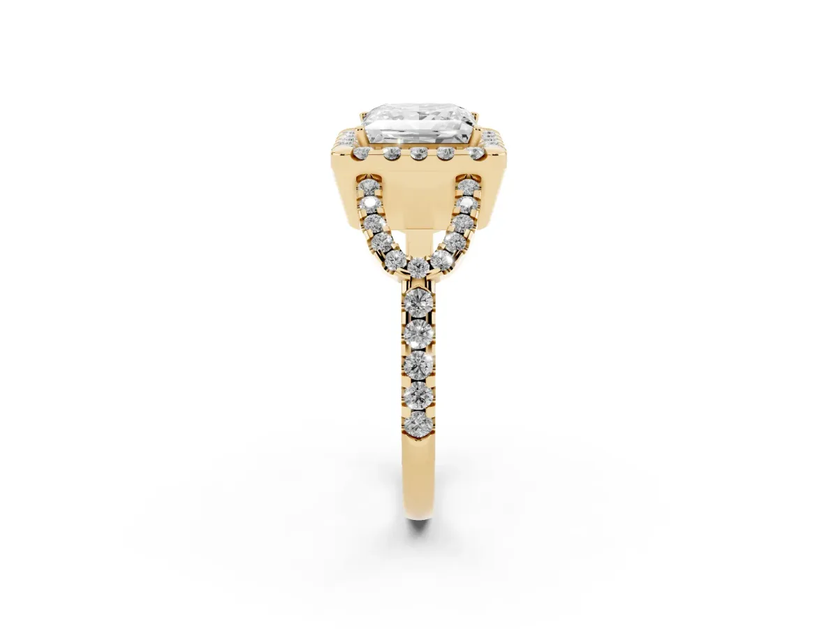 Princess Cut Cut Diamond Halo Engagement Ring with Open Split Pavé Band Yellow gold