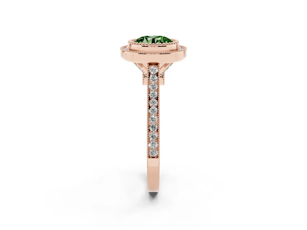 Fancy Green Round Cut Diamond Halo Ring with Milgrain Frame and Pavé Band Rose gold