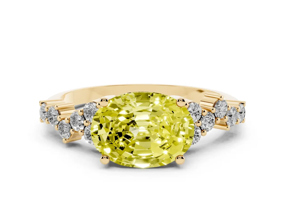 Fancy Yellow Oval Cut Diamond Scattered Round Accent Ring with Prong Setting Yellow gold