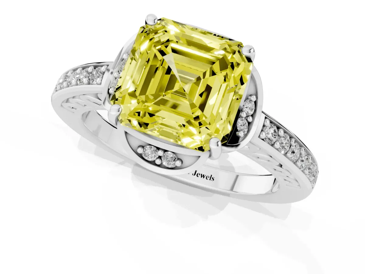 Fancy Yellow Asscher Cut Cut Halo Diamond Ring with Channel Set Band and Four-Prong Setting White gold