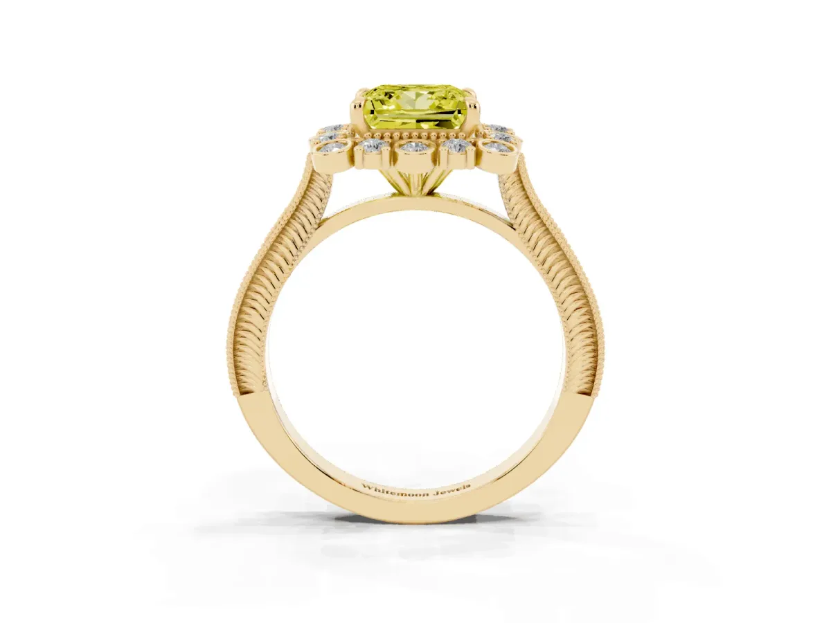 Fancy Yellow Princess Cut Halo Milgrain Pave Diamond Ring with Four-Prong Setting Yellow gold
