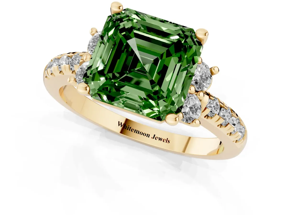 Fancy Green Asscher Cut Diamond Three-Stone Pave Band with Four-Prong Setting Yellow gold