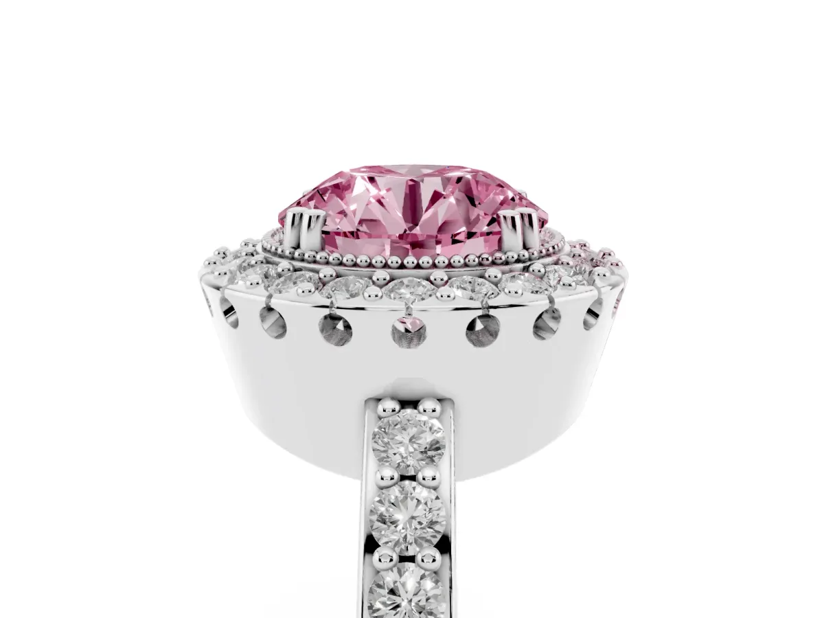 Fancy Pink Round Cut Diamond Halo Ring with Pavé Band and Prong Setting Silver