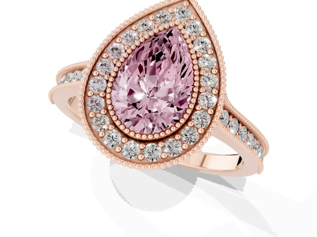 Fancy Pink Halo Pear Cut-Cut Diamond Pave Band Milgrain Prong Setting Ring Rose gold