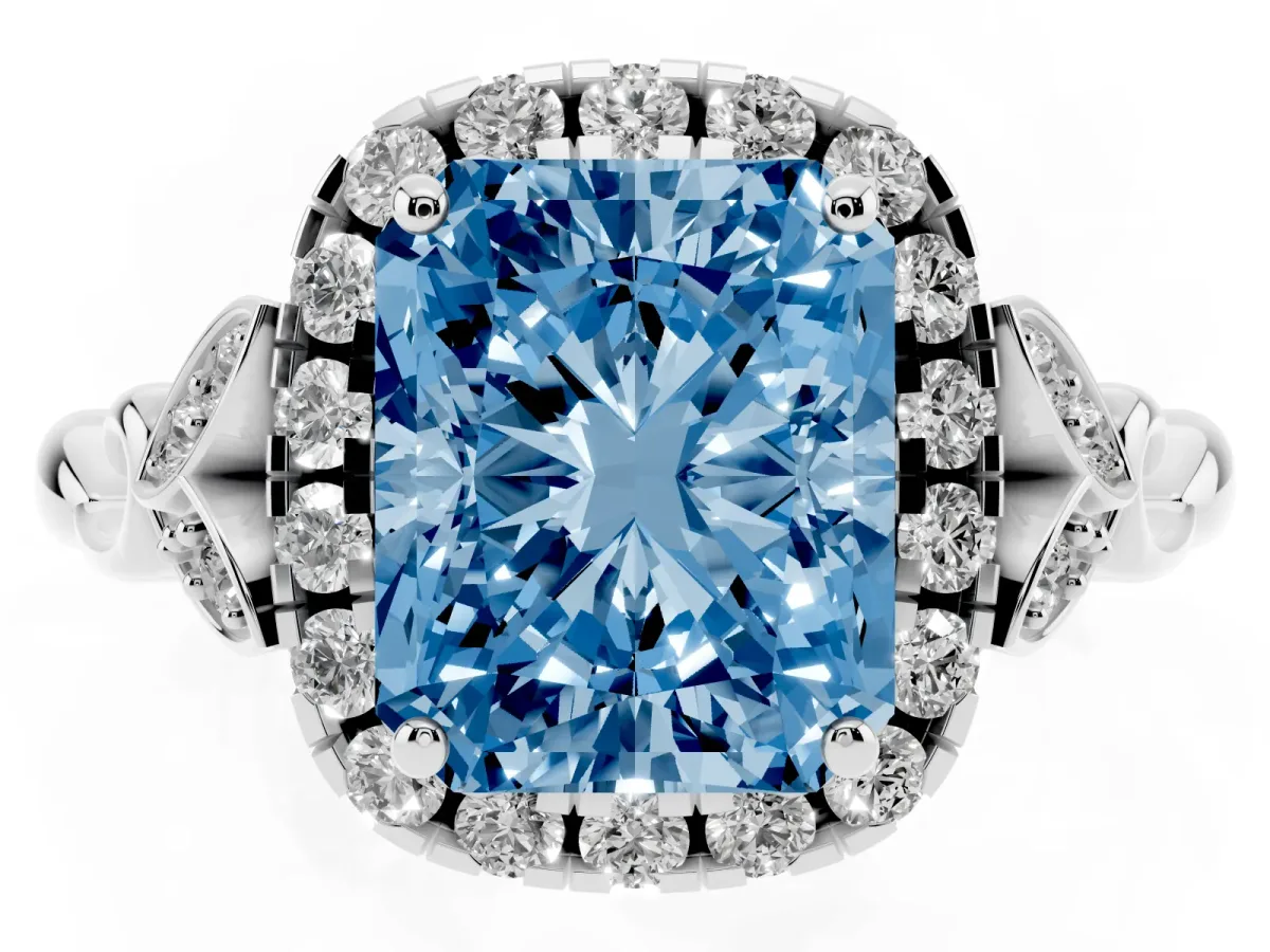 Fancy Blue Radiant Cut Halo Diamond Engagement Ring with Vintage-Inspired Band and Four-Prong Setting White gold