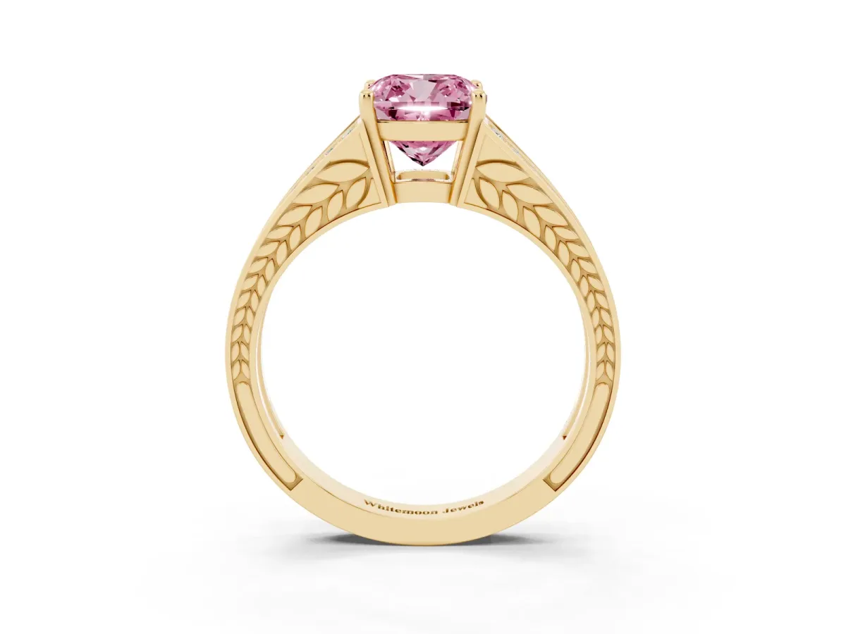 Fancy Pink Cushion Cut Diamond Split Shank Ring with Pavé Band and Four-Prong Setting Yellow gold