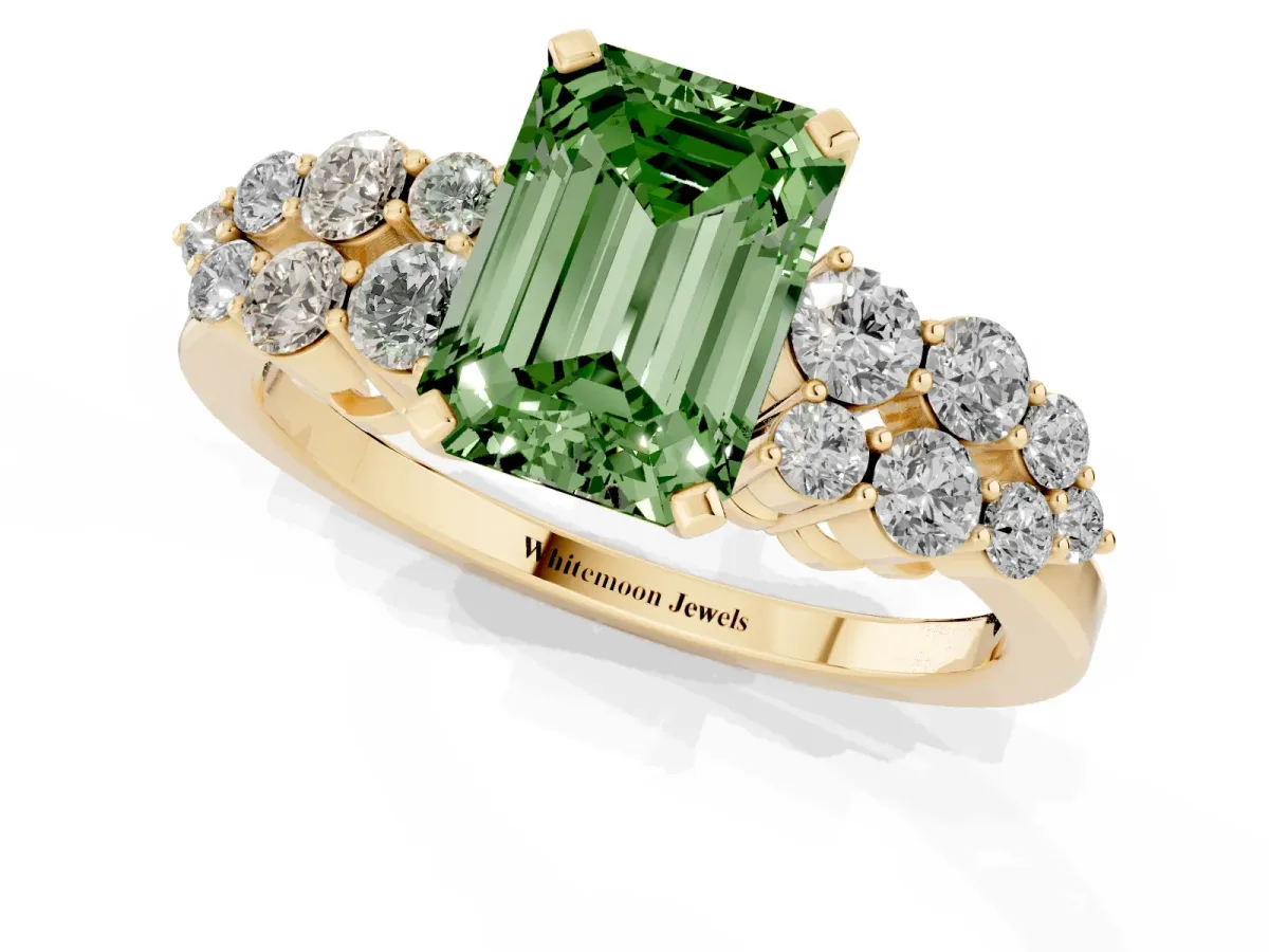 Fancy Green Emerald Cut Cluster Diamond Engagement Ring with Pavé Band and Four-Prong Setting Yellow gold