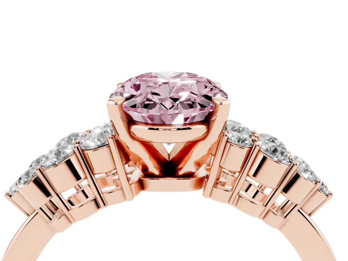 Fancy Pink Oval Cut Cluster Diamond Engagement Ring with Pavé Band and Four-Prong Setting Rose gold
