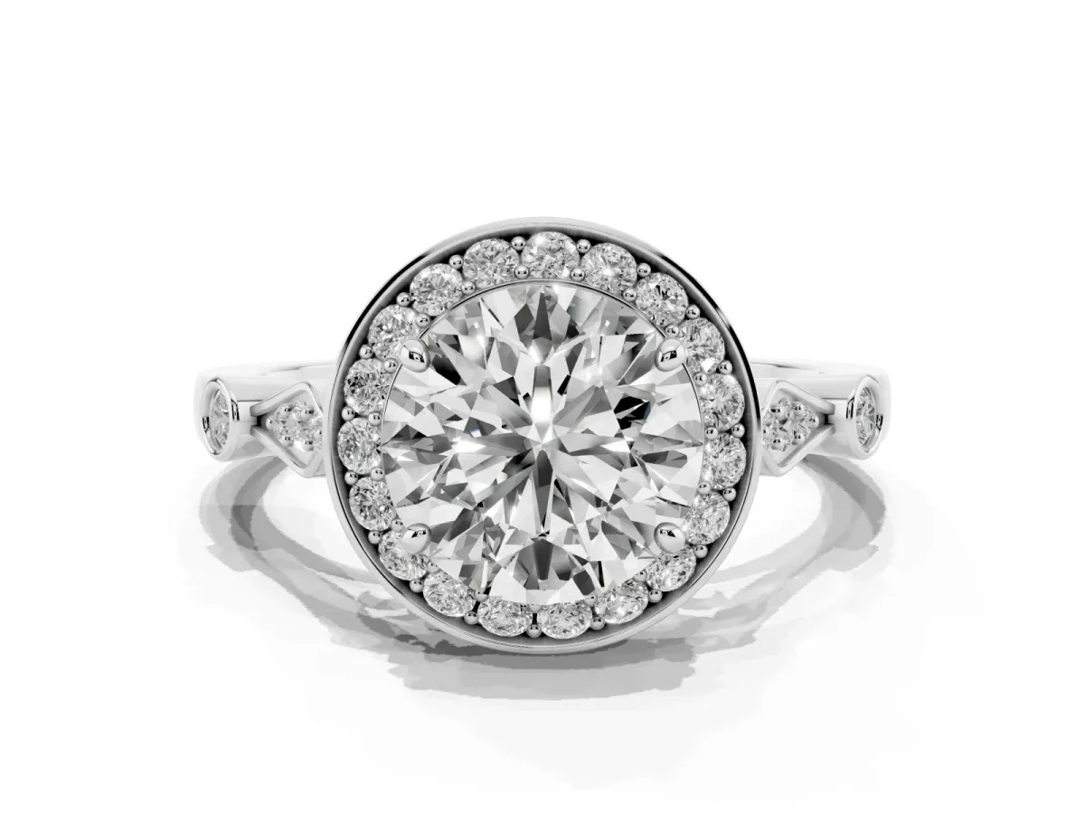 Round Cut Halo Diamond Engagement Ring with Twisted Band and Four-Prong Setting White gold
