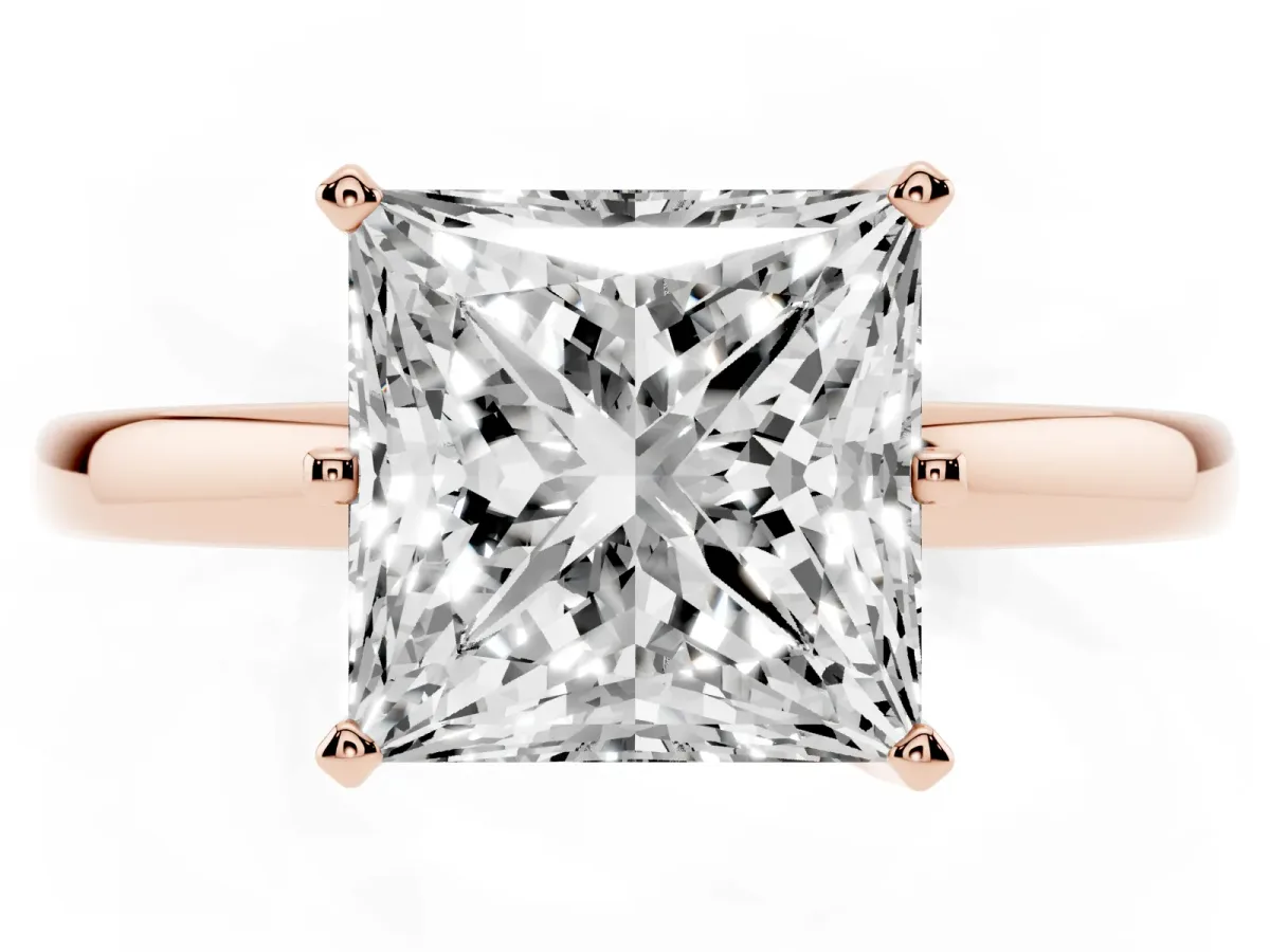 Princess Cut Solitaire Diamond Ring with Six-Prong Setting on a Classic Band Rose gold