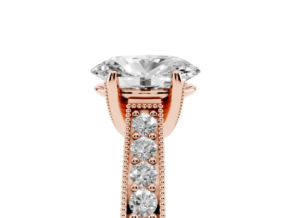 Oval Cut Cut Diamond Solitaire Ring with Milgrain Pave Band and Four Prong Setting Rose gold