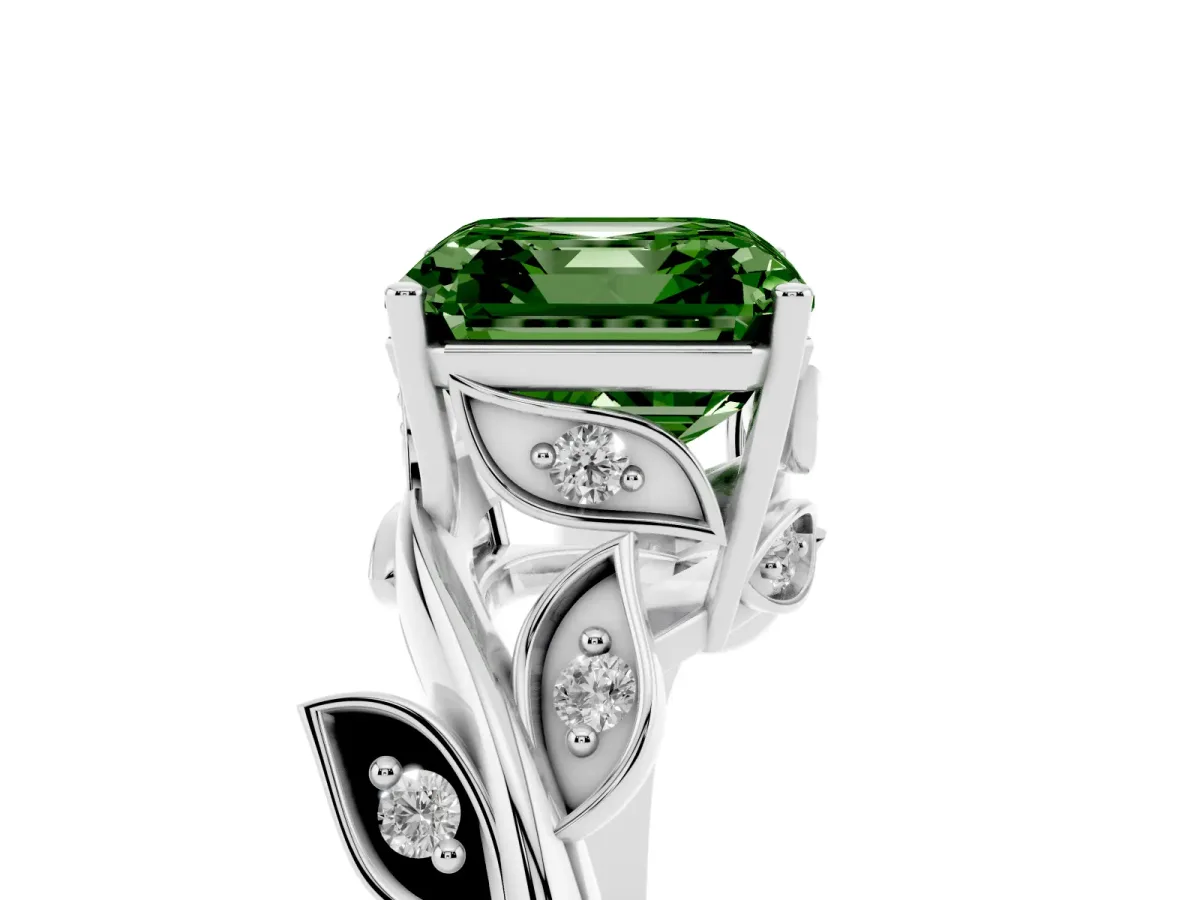 Fancy Green Asscher Cut Solitaire Twist Engagement Ring with Leaf Accents and Prong Setting Silver