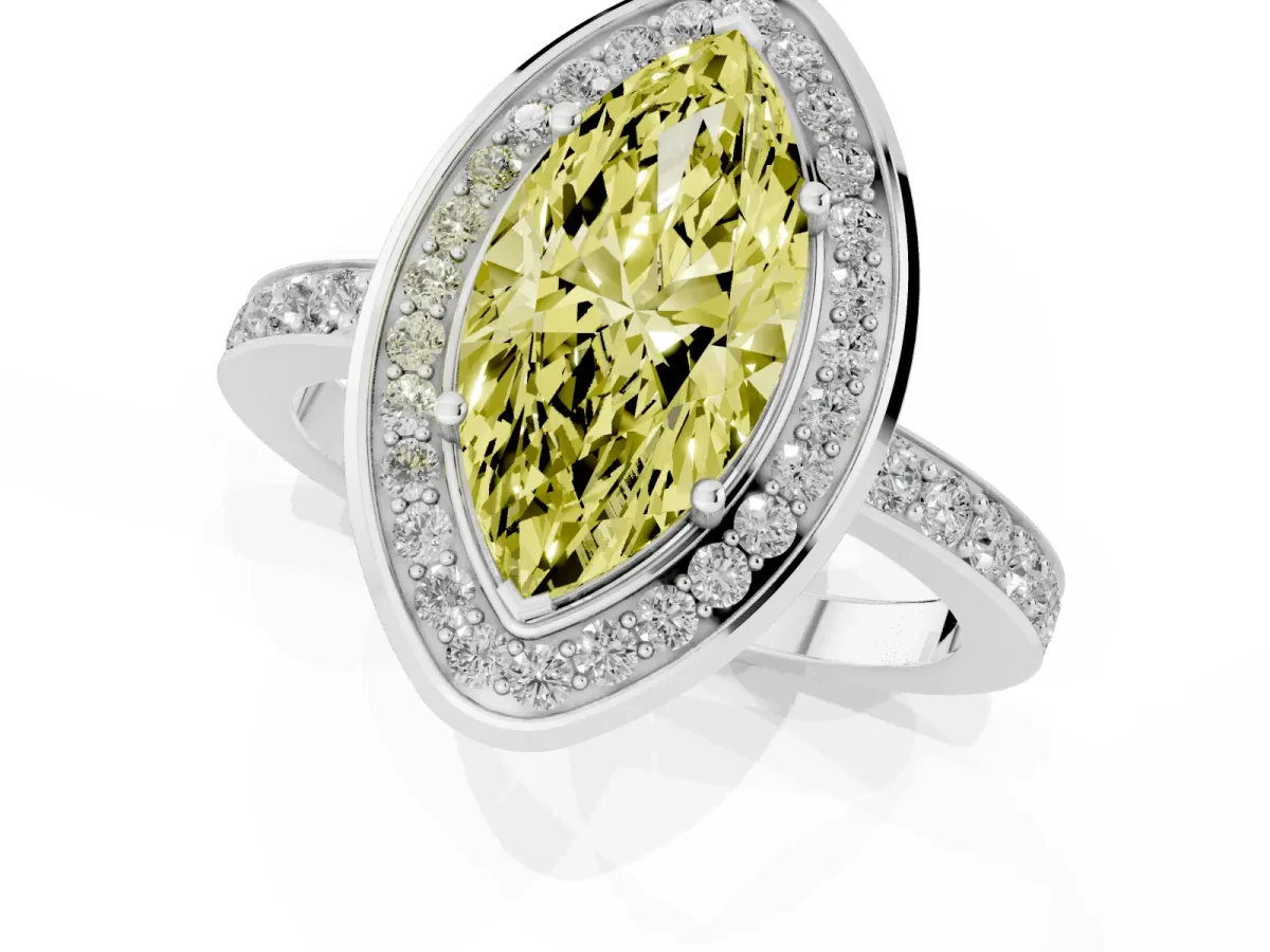 Fancy Yellow Marquise Cut Diamond Halo Ring with Bezel Frame and Pavé Band Platinum