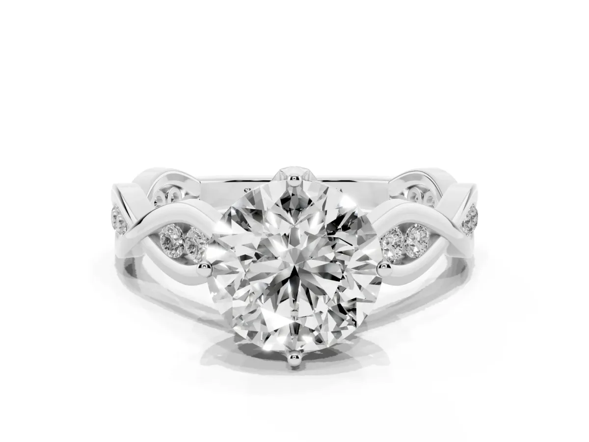 Round Cut Solitaire Twist Band with Leaf Prong Setting Silver