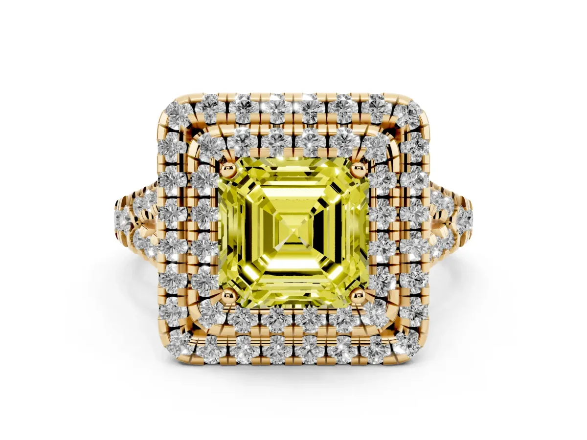 Fancy Yellow Double Halo Asscher Cut Diamond Pavé Split Shank Ring with Prong Setting Yellow gold