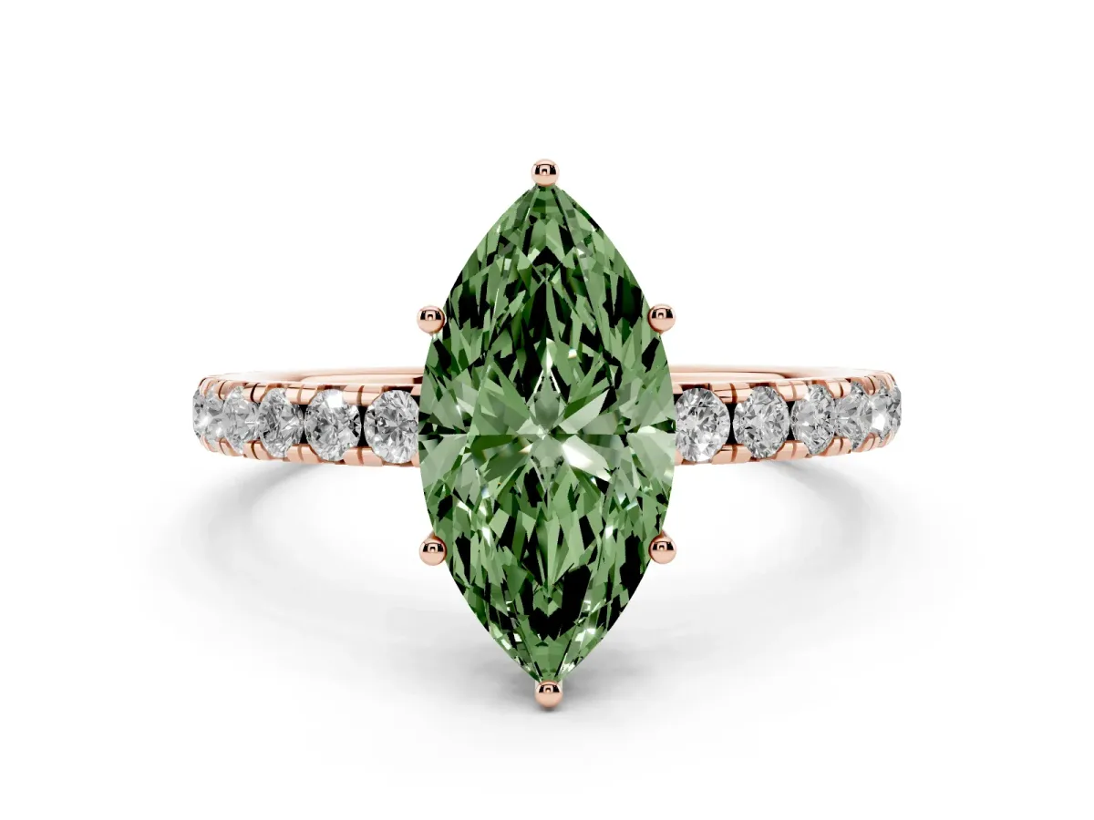 Fancy Green Marquise Cut Diamond Pavé Solitaire Engagement Ring with Four-Prong Setting Rose gold