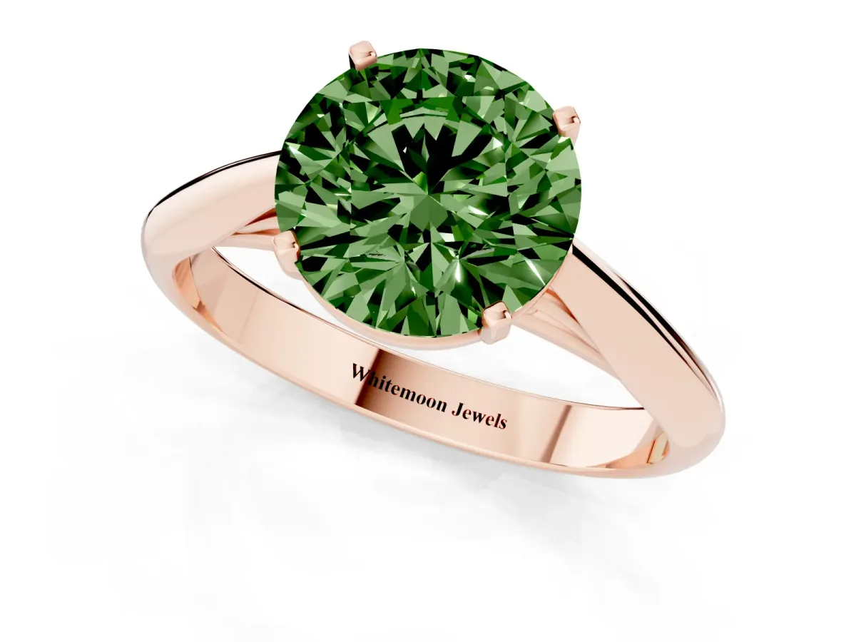 Fancy Green Round Cut Diamond Solitaire Engagement Ring with Cathedral Setting and Four-Prong Mount Rose gold