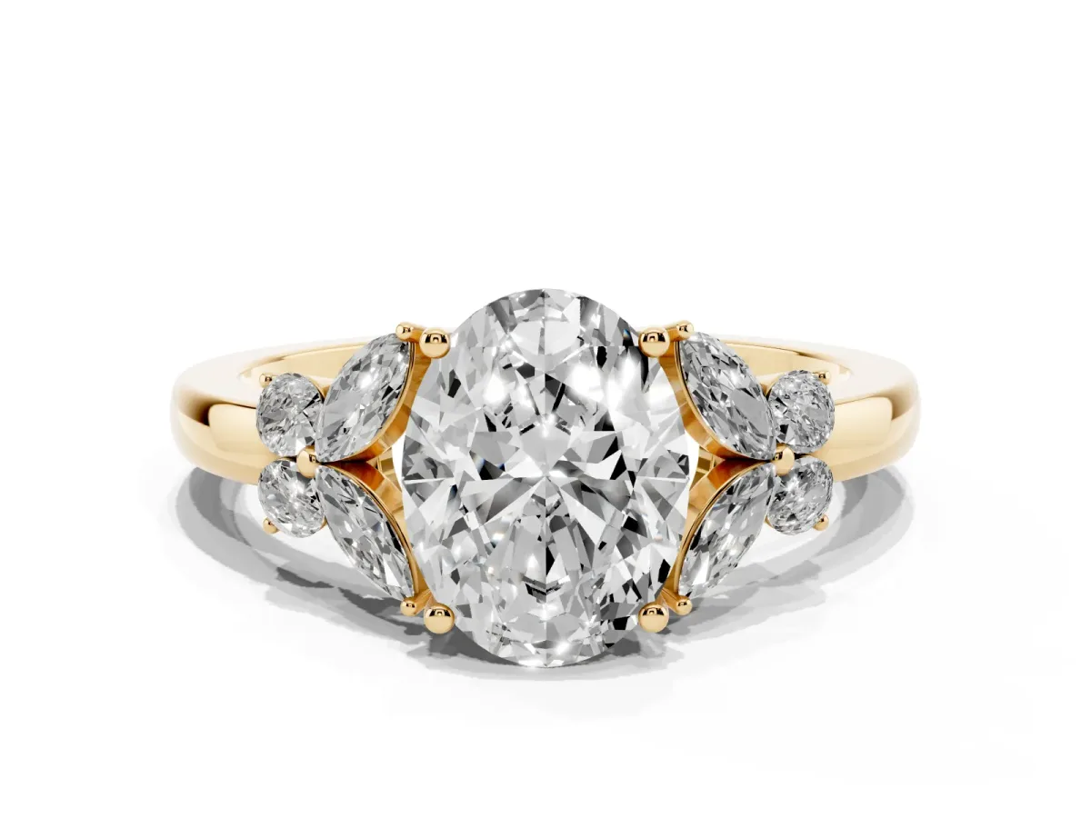 Oval Cut Cut Solitaire Floral Diamond Ring with Four-Prong Setting Yellow gold