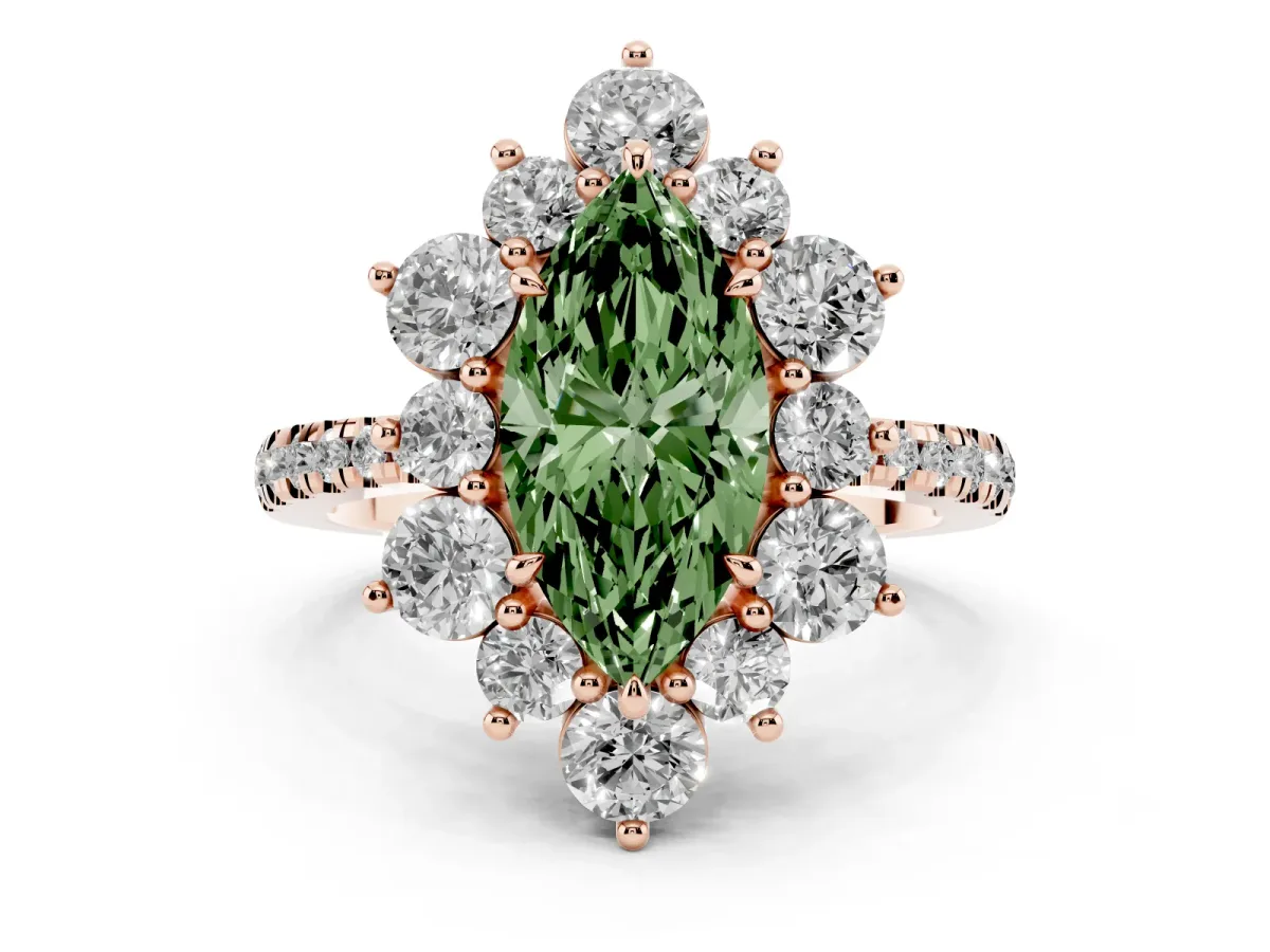 Fancy Green Marquise Cut Diamond Floral Halo Ring with Round Pavé Band and Prong Setting Rose gold